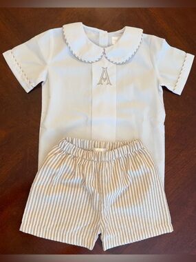 Cecil and Lou White Peter Pan Collar Top with Beige Seersucker Striped Shorts 4T